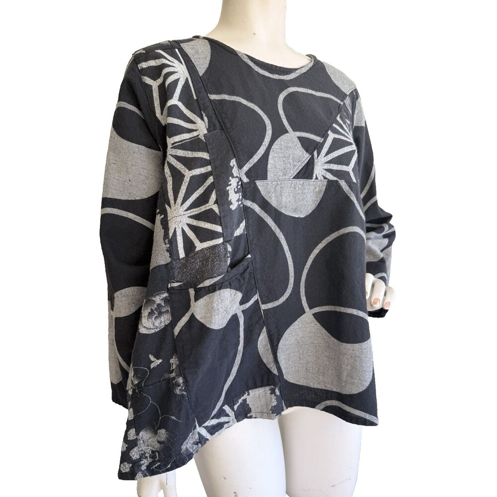 Black Print Asian Art to Wear Lagenlook Long Sleeve Tunic Top Blouse 100% Cotton